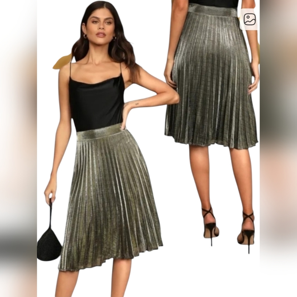 Lulu's Star Shine Gold Metallic Pleated Midi Skirt Size 8